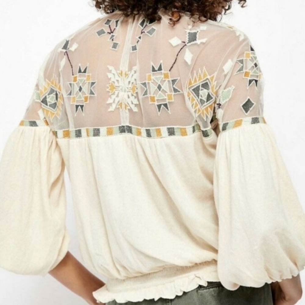 Free People Monday Morning Sheer Mesh Embroidered Cream Blouse Size XS NWT